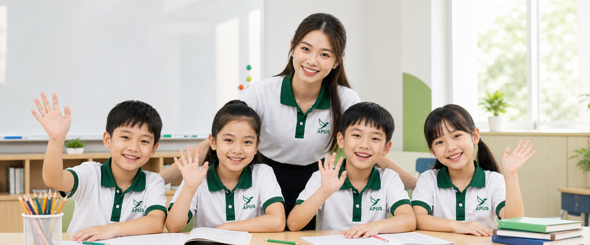 Cô giáo và học sinh APUS vẫy tay chào