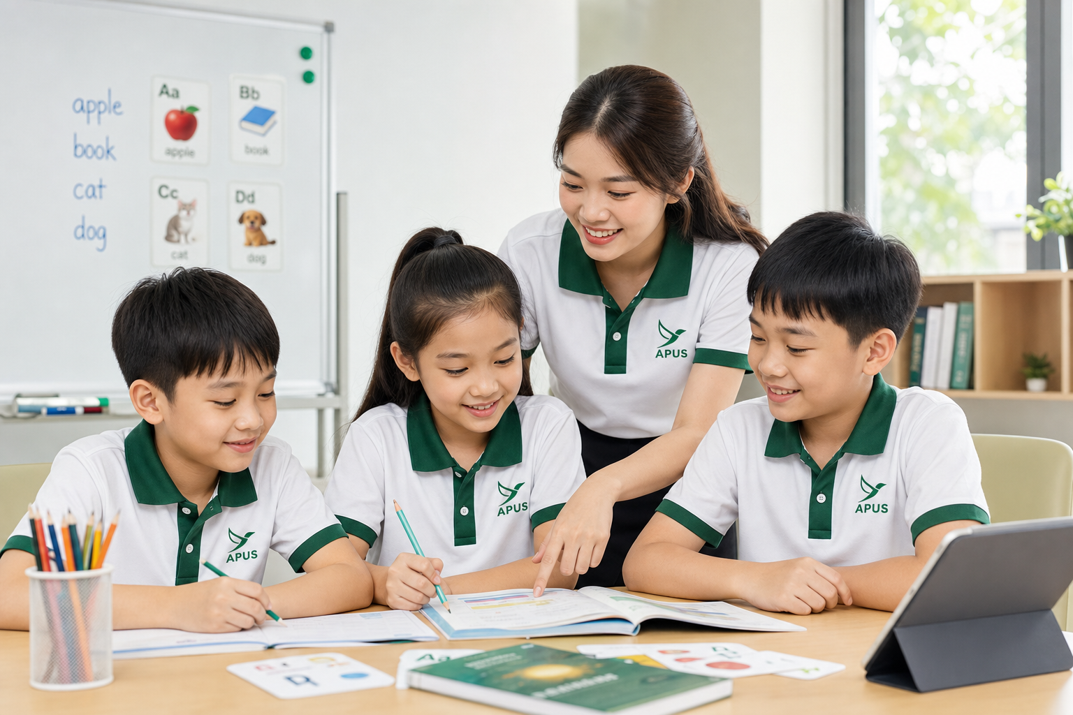 Cô giáo và học sinh APUS trong lớp học tiếng Anh